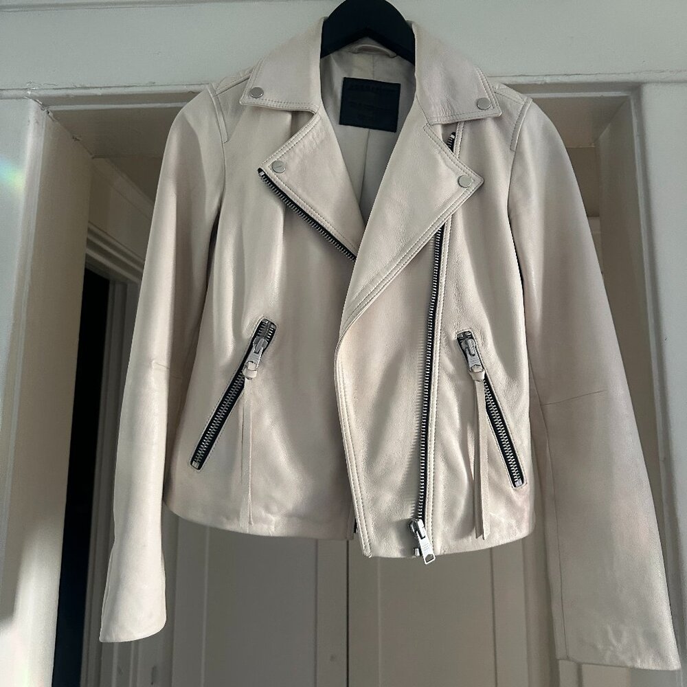ALLSAINTS Dalby Leather Biker Jacket in White, Size 2
